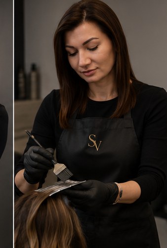 Svitlana nanáší barvu štětcem na pramínky vlasů